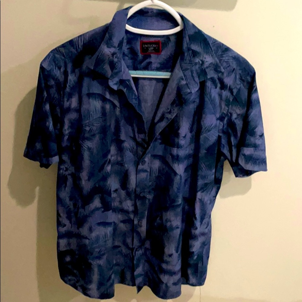 Dark blue tropical shirt sleeve button down shirt.
